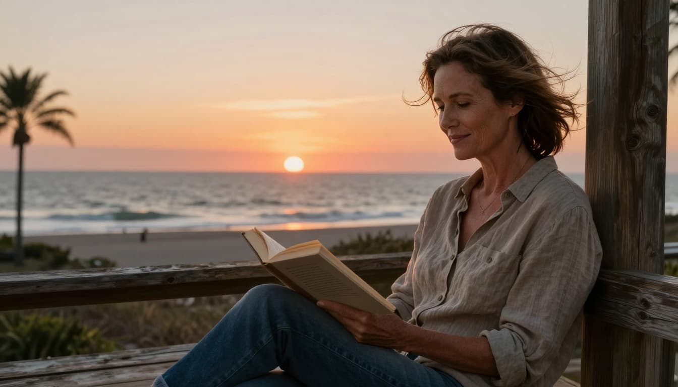 A middle-aged woman sits relaxed on a weathered wooden porch overlooking a serene ocean at golden hour sunset, holding an open paperback book with a gentle smile.