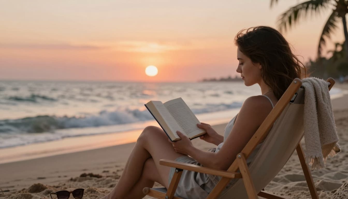 A woman sits comfortably in a beach chair on a serene sandy shore at dusk, engrossed in a paperback book, with gentle waves lapping nearby, a cozy blanket and sunglasses close by, under a sky painted in warm orange and pink sunset hues, palm fronds swaying in the breeze.