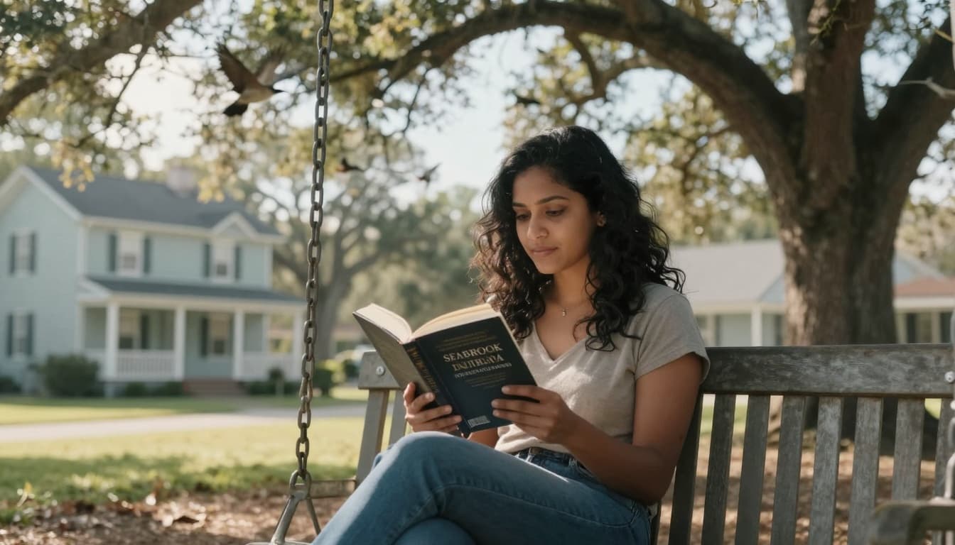 A woman with a serene expression sits on a swing bench in a quaint small-town park on Seabrook Island, holding a paperback novel under soft morning sunlight filtering through oak trees, with birds flying and leaves rustling in a gentle breeze.
