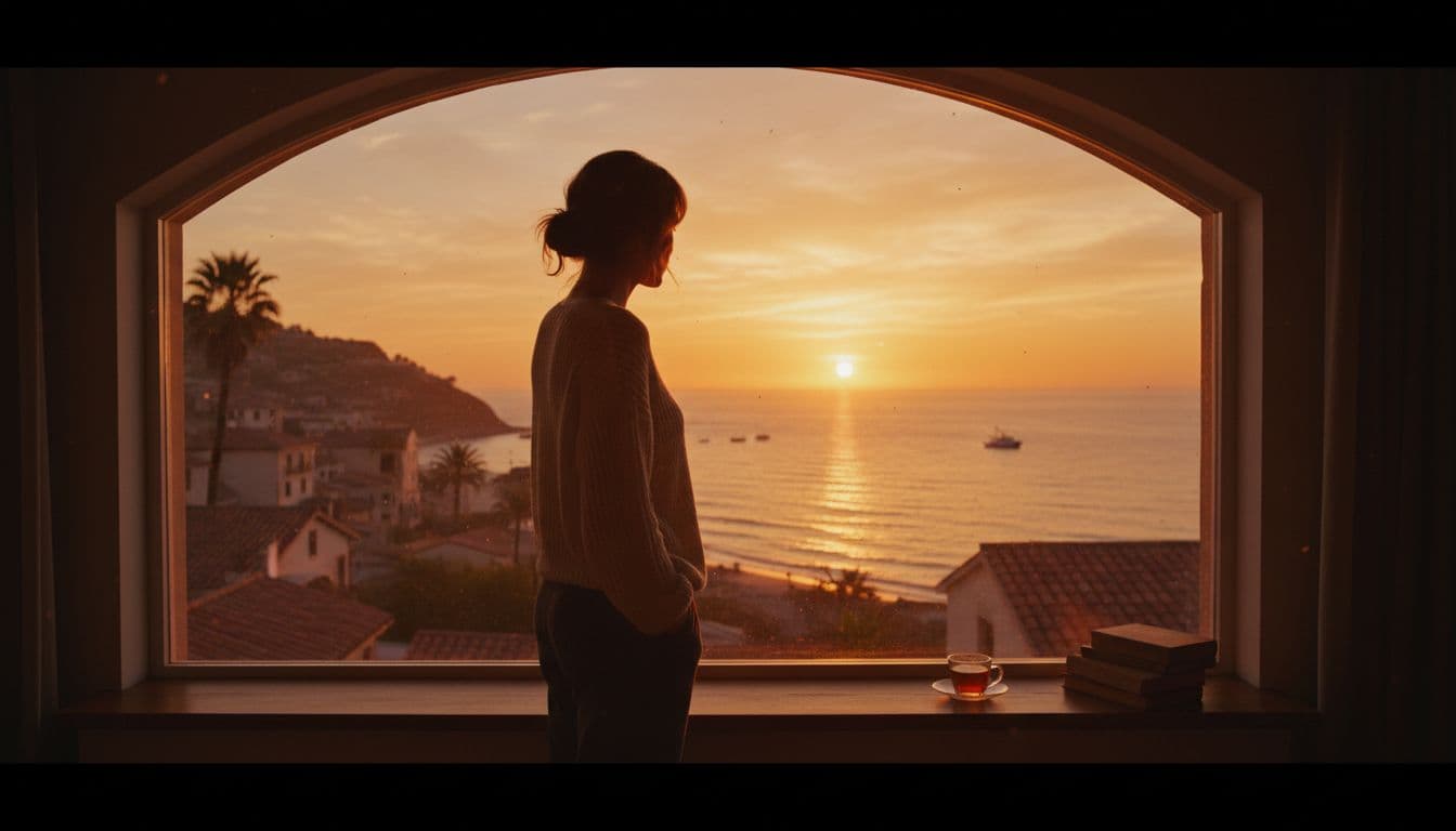 A woman stands before an expansive floor-to-ceiling glass window, watching the golden sun dip below the horizon of a hillside town. Soft amber light illuminates her contemplative silhouette against the dusk.