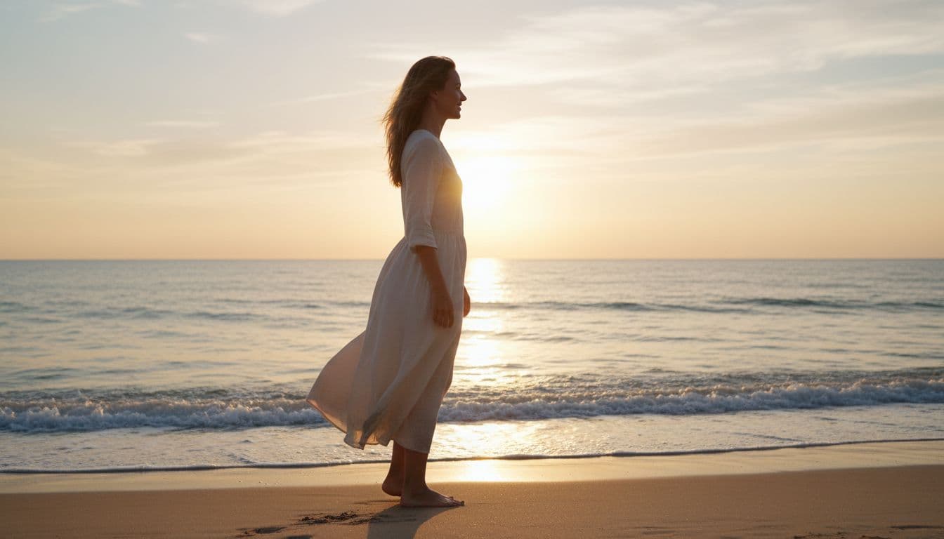 A woman stands alone on a calm, sandy shoreline gazing toward the distant horizon. Gentle morning sunlight illuminates the surf as she maintains a serene expression, symbolizing a moment of clarity.