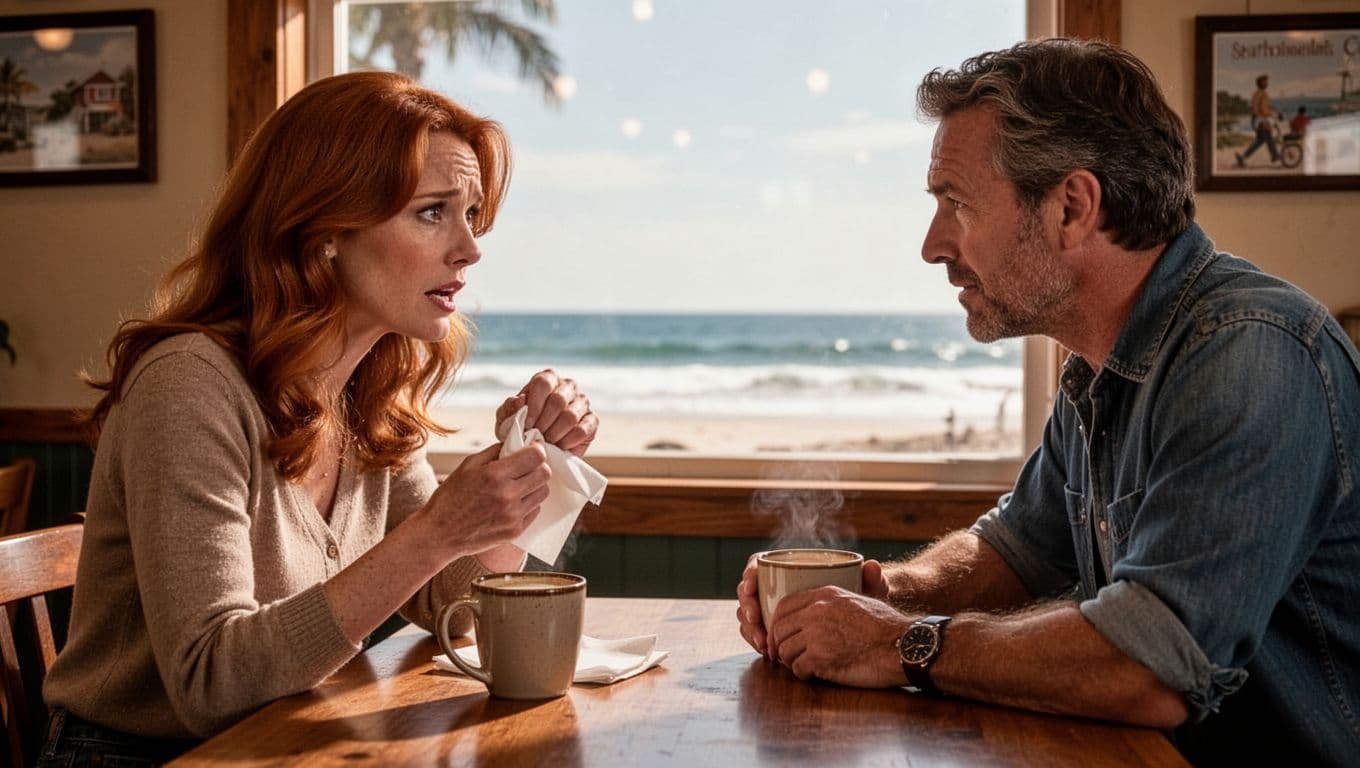 Hyperrealistic image of a mid-30s auburn-haired woman nervously twisting a napkin while sharing a fear with a mid-40s man listening intently across a cafe table, warm lighting, ocean view, evoking small-town romance.