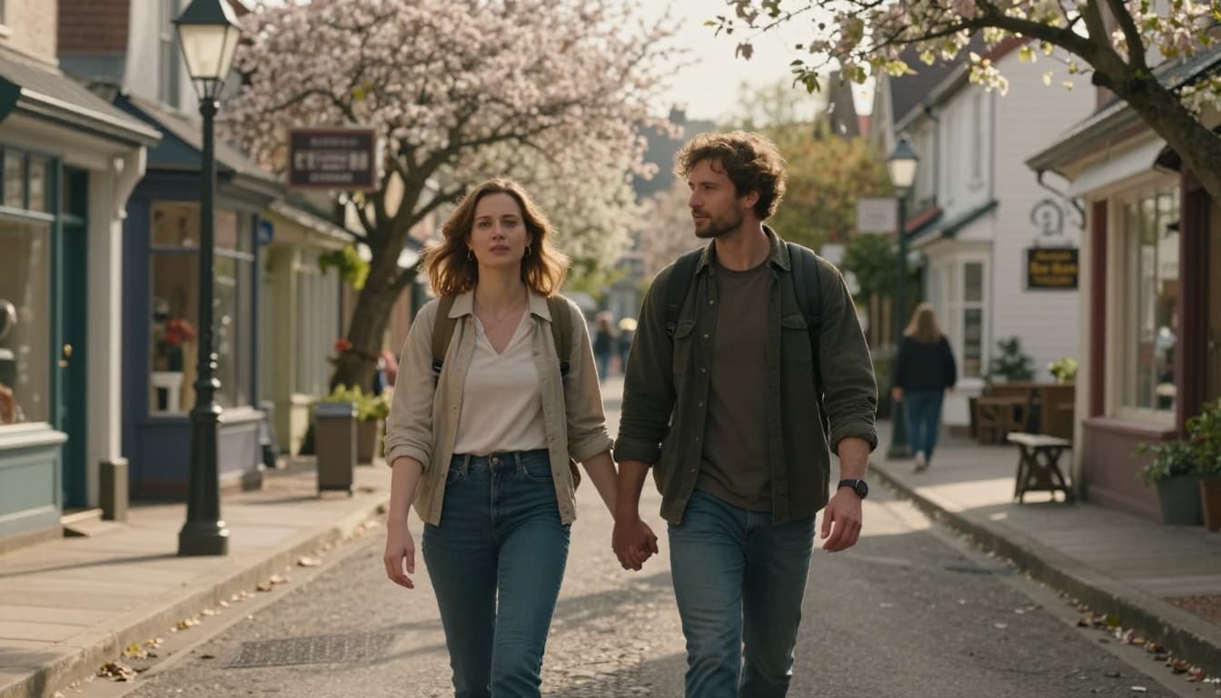 Hyperrealistic cinematic landscape of a woman in her 30s walking hand-in-hand with a man down a charming small town street, sharply focused on her determined yet soft expression amid blooming trees, shops, vintage lamps, and warm morning sunlight.