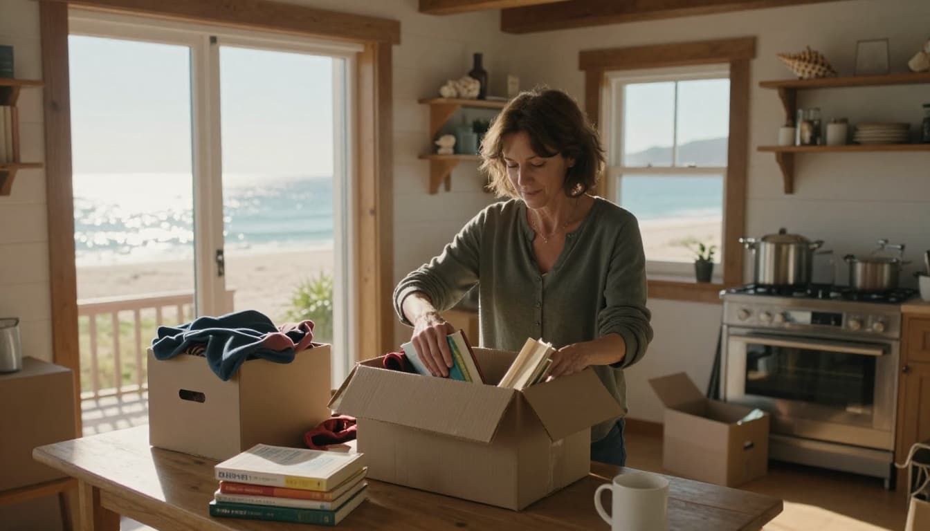 Hyperrealistic image of a mid-40s woman with short brown hair unpacking boxes of books, clothes, and kitchen items in a cozy coastal cottage, morning sunlight streaming through windows revealing ocean and beach.