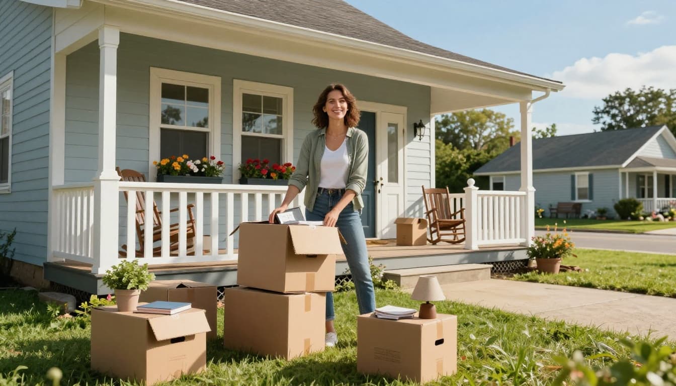 A smiling woman in her early thirties unpacks moving boxes outside a charming small-town cottage with pastel siding, flower boxes, white picket fence, and wraparound porch on a sunny morning.