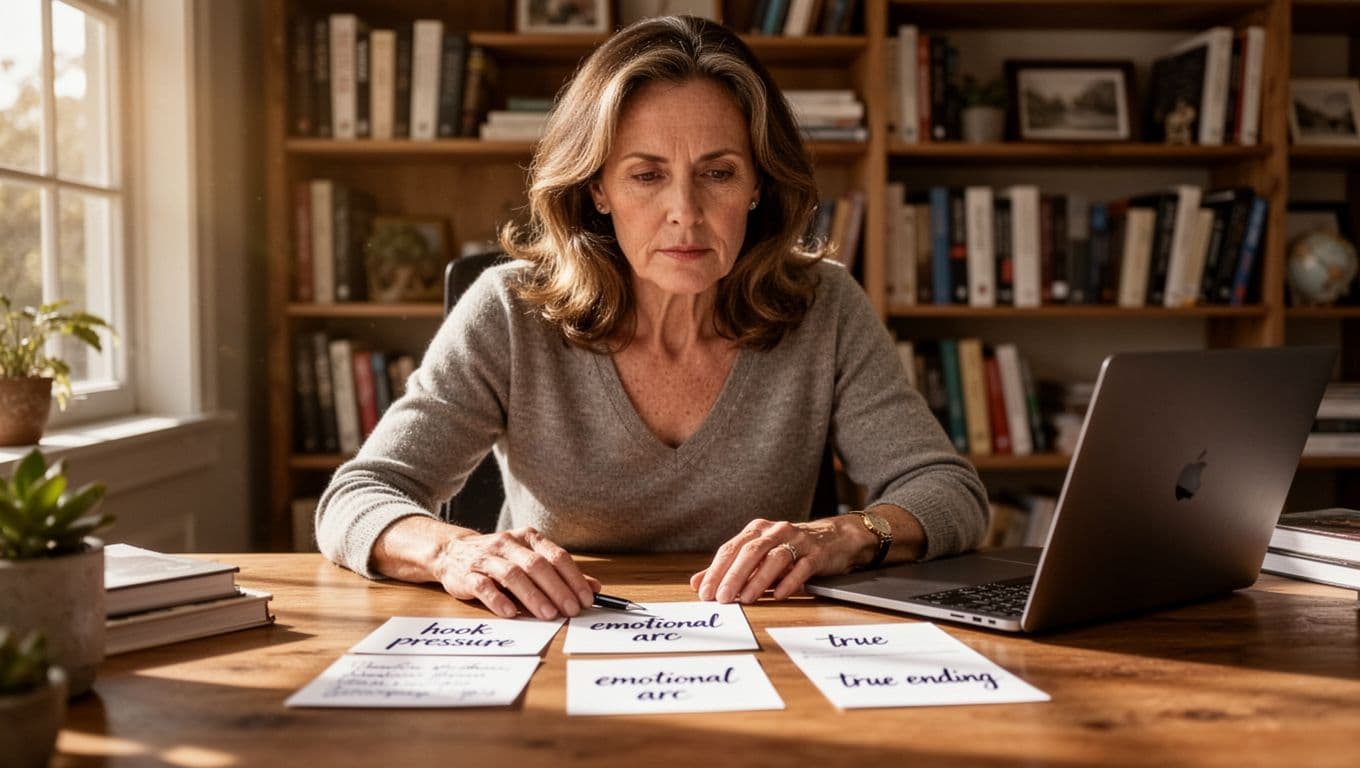 Hyperrealistic cinematic image of a single woman writer in her 40s reviewing handwritten notes on cards labeled 'hook pressure', 'emotional arc', and 'true ending' at a sunlit home office desk, with blurred laptop and bookshelves in the background.