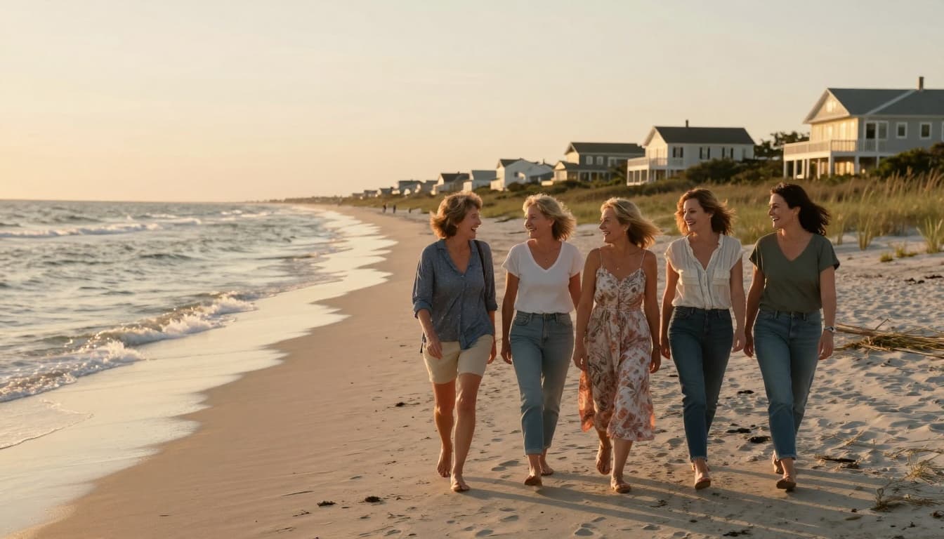 Hyperrealistic image of five middle-aged women laughing and walking along a sandy beach path in a serene coastal town like Seabrook Island during golden hour sunset, with gentle waves, seagrass, and distant dune houses.