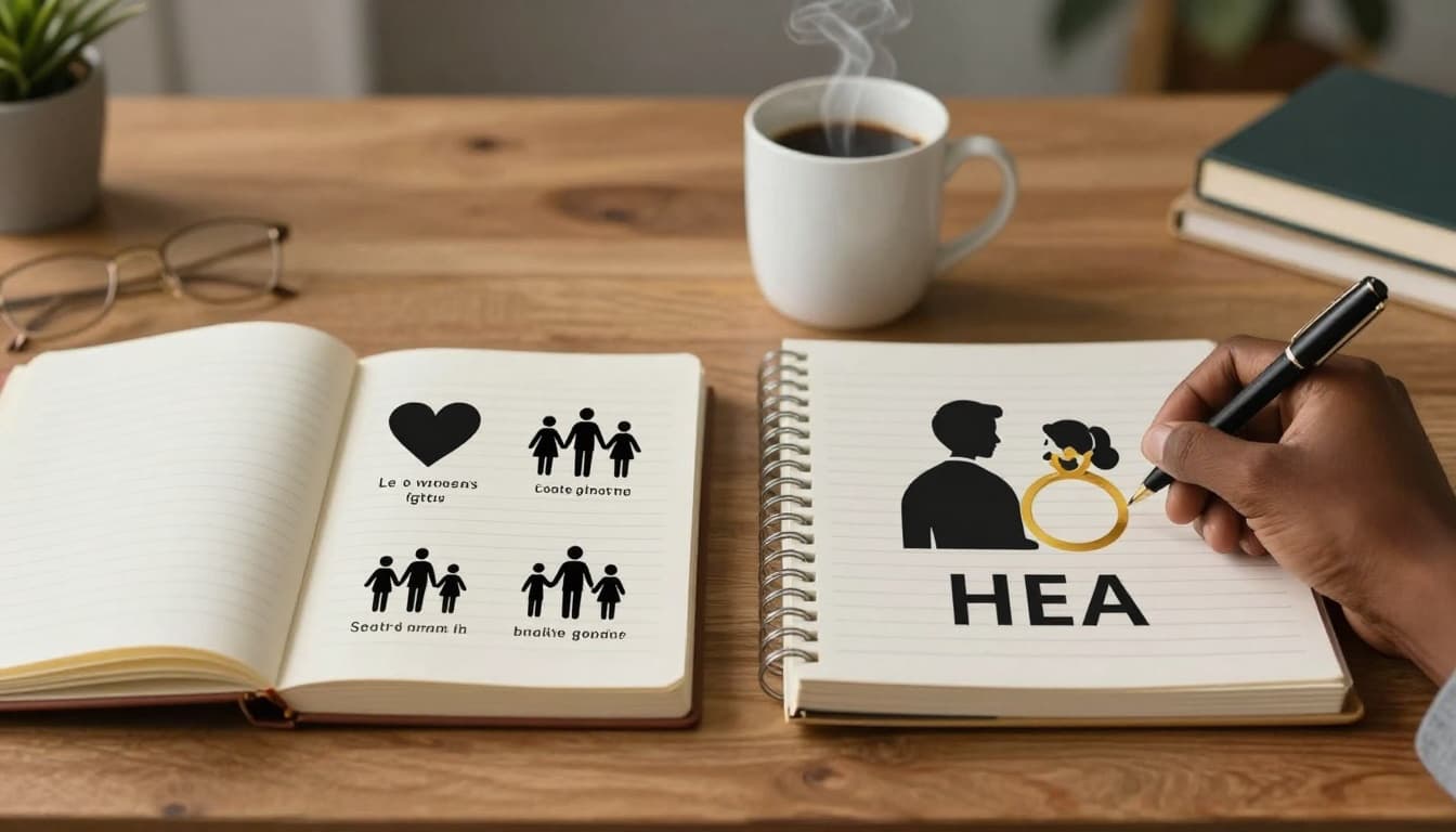 A hyperrealistic side-by-side comparison of women's fiction and contemporary romance genres visualized as two open notebooks on a wooden desk in a cozy office, featuring icons like heart and family tree for women's fiction on the left, couple silhouette and ring for romance on the right, with a steaming coffee mug between them.