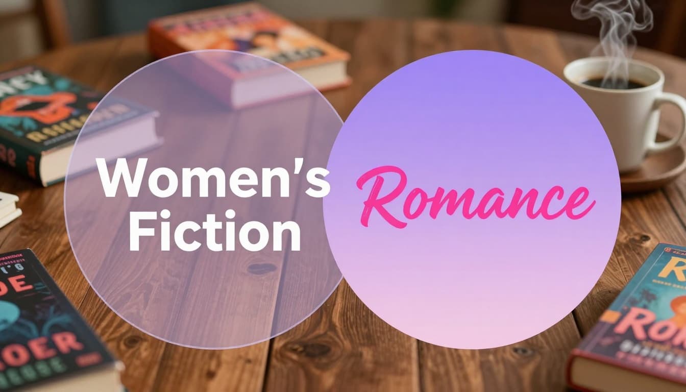 Hyperrealistic cinematic image of two translucent overlapping circles on a textured wooden table, labeled 'Women’s Fiction' and 'Romance', with scattered paperback books and a steaming coffee mug in a cozy atmosphere.