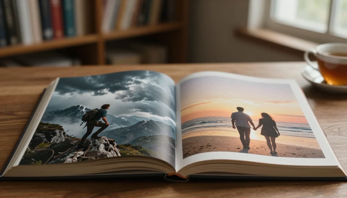 Hyperrealistic cinematic image of a wooden desk with two open books side by side: one showing a character climbing a mountain in a storm, the other a couple walking hand in hand on a beach at sunset, illuminated by soft natural light in a cozy room.