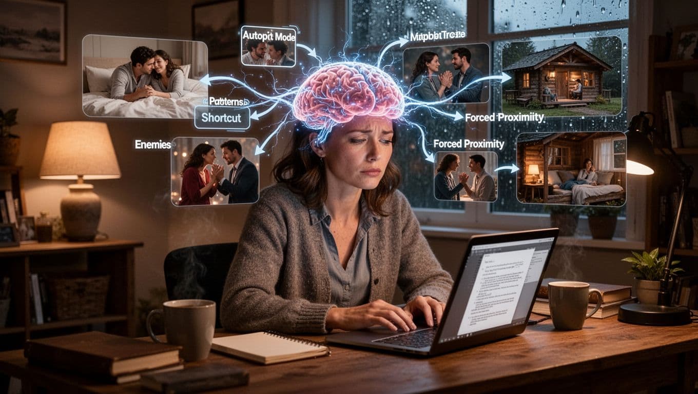 Hyperrealistic cinematic image of a mid-30s female writer at a wooden desk in a cozy home office at dusk, her glazed eyes reflecting ethereal glowing neural pathways in her brain depicting romance tropes like couples sharing a bed, enemies arguing passionately, and forced proximity in a cabin. The overlay shows autopilot shortcuts, with a laptop manuscript, coffee mug, rainy window, and soft lamp light emphasizing mental fatigue and creative routine.