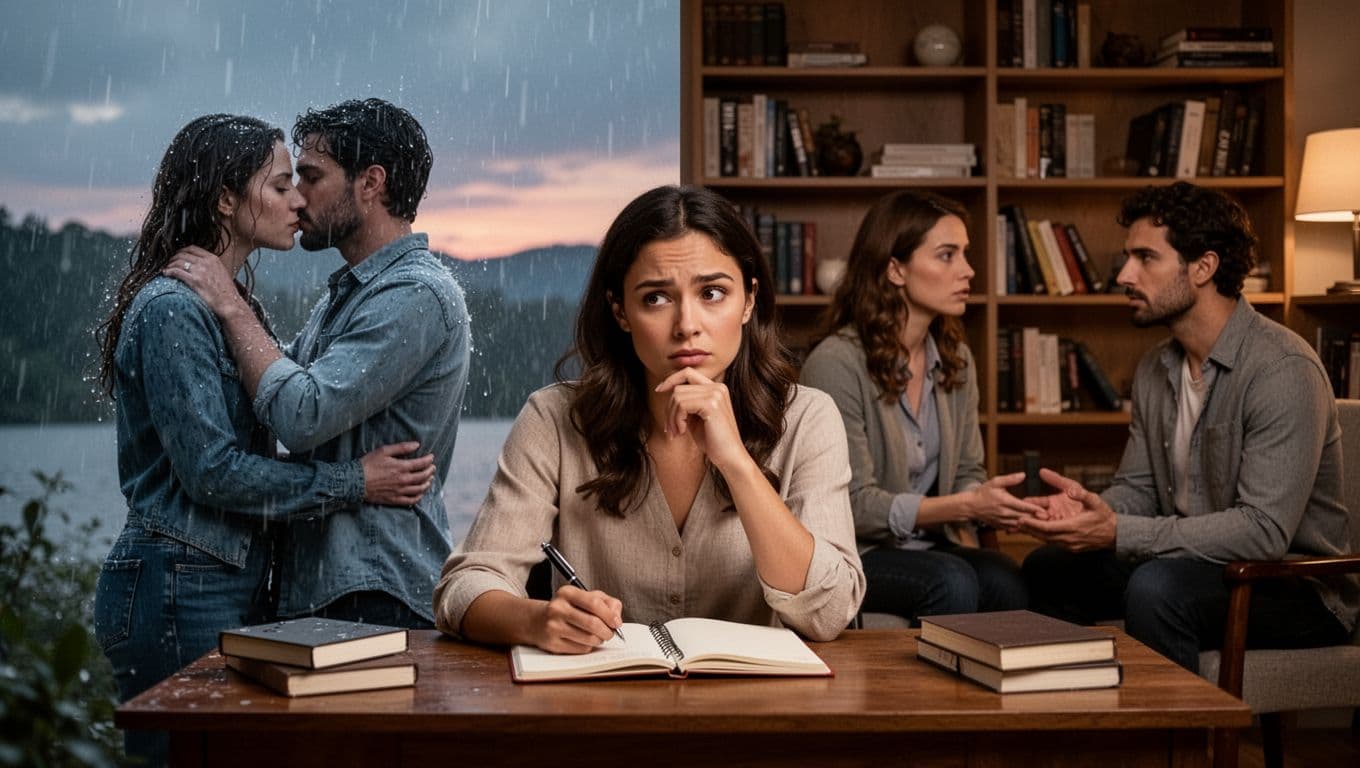 Hyperrealistic cinematic split-scene landscape: left side cliché couple kissing in rain, right therapy talk on forgiveness amid bookshelves, centered on thoughtful woman writer at desk comparing both in soft evening light.