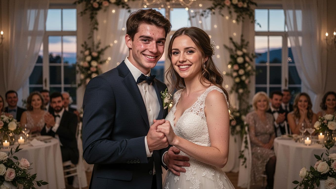 Hyperrealistic image of a young couple holding hands tightly, smiling for photos at a wedding reception with subtle tension in their eyes, wedding decorations, and guests in soft evening light.