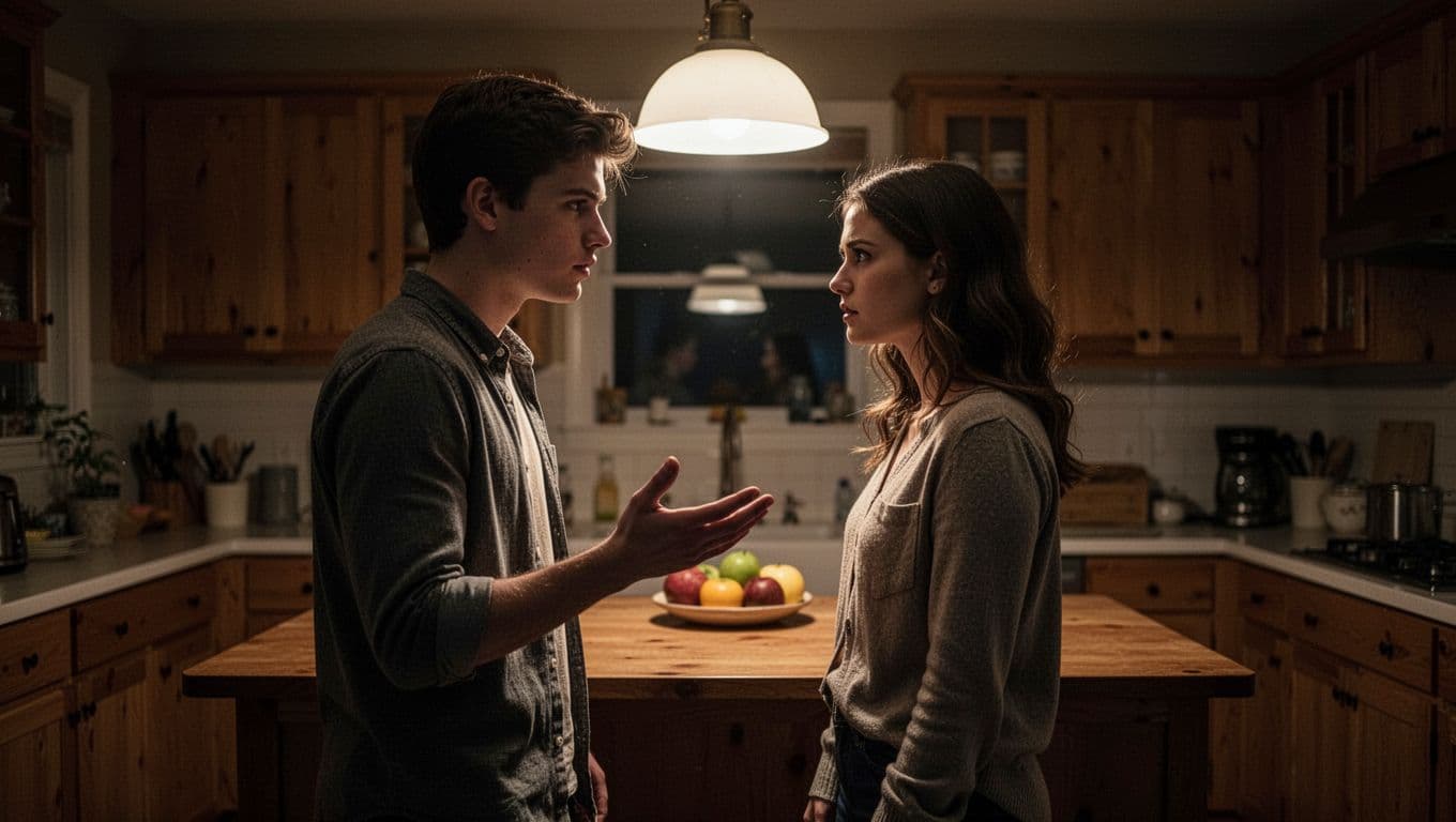 Hyperrealistic cinematic image of a young couple in a dimly lit nighttime kitchen, sharing intense eye contact with expressions of desire and fear, hand almost reaching out.