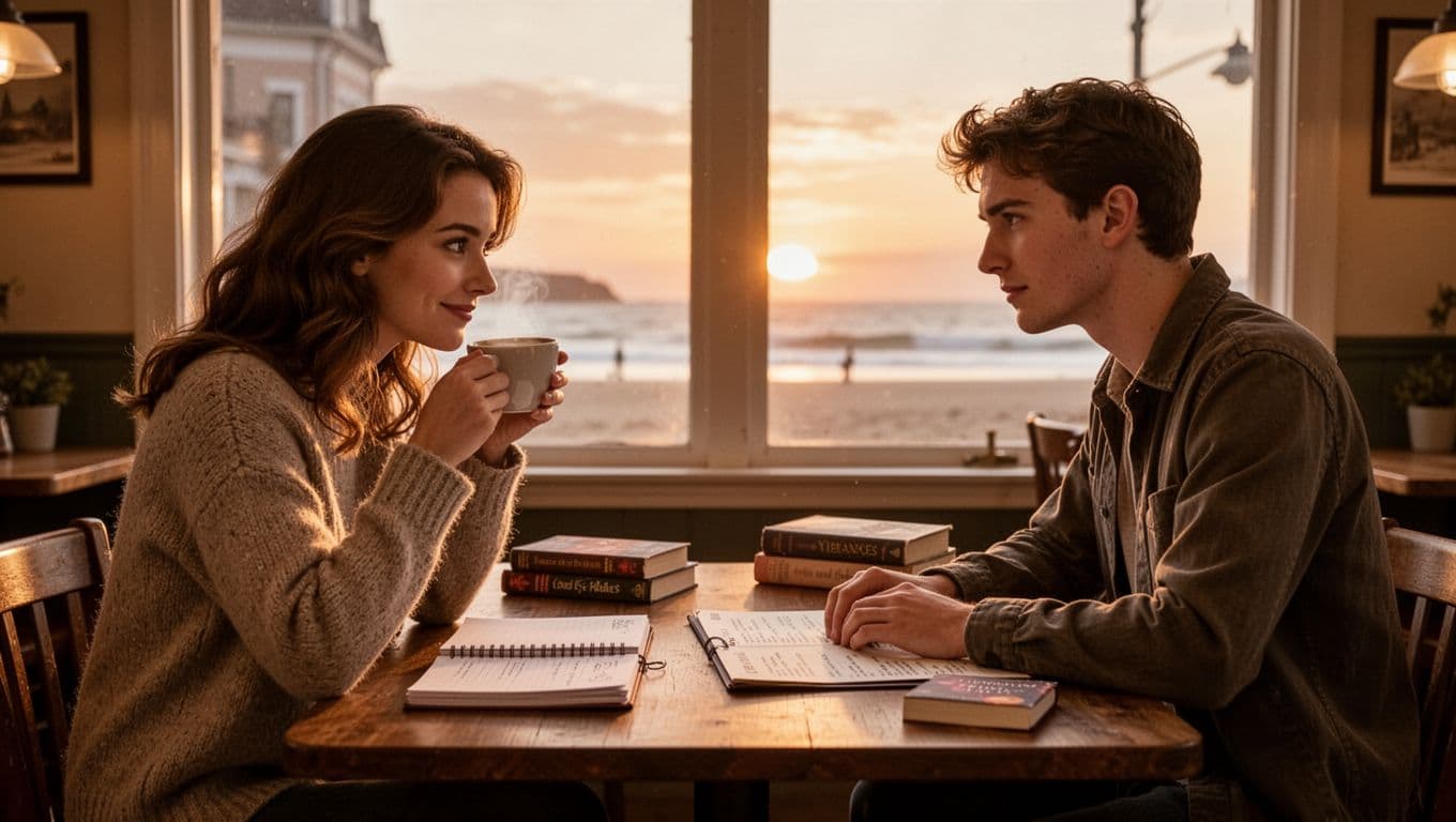 Hyperrealistic photorealistic image of a young couple in a cozy coastal town cafe at sunset, sitting at separate tables and gazing longingly at each other across the room. Warm golden lighting filters through windows, with wooden tables, romance novels, her notebook, his menu hand, and blurred beach view evoking yearning tension.