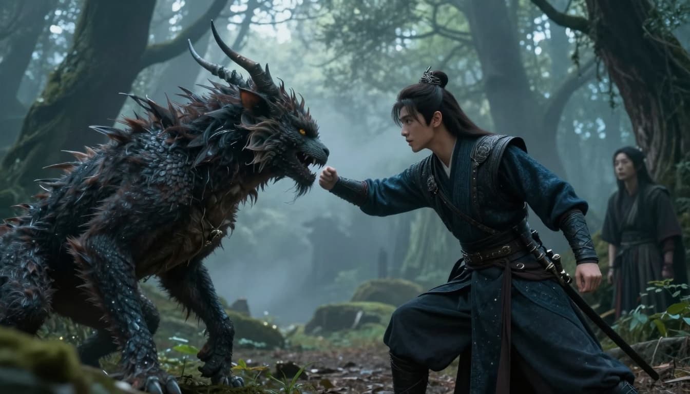 Hyperrealistic cinematic fantasy scene of a young warrior confronting a magical creature in a misty enchanted forest, with a subtle companion figure watching protectively amid dramatic lighting through the trees. Epic action-focused composition with a romance undertone.