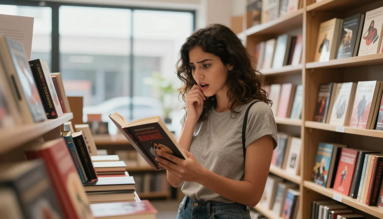 Hyperrealistic cinematic portrait of a young woman browsing books in a sunny bookstore, holding romance and literary novels with a puzzled yet excited expression, surrounded by mixed genre shelves and natural window light.