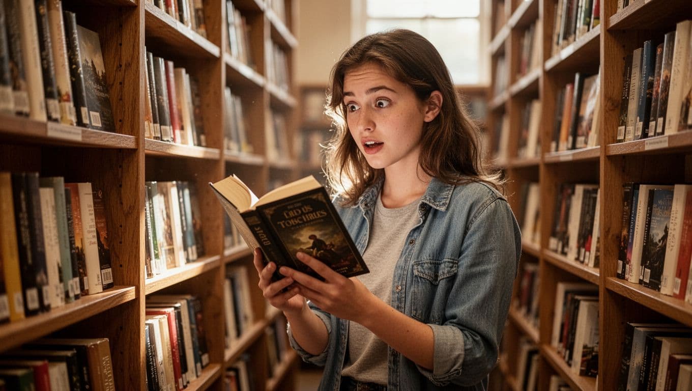 Hyperrealistic, photorealistic cinematic scene of exactly one young woman in casual clothes browsing wooden shelves in a sunlit bookstore aisle, holding and closely examining a hardcover book cover with a curious intrigued expression. Soft lighting from windows, no other people, focus on her face and book with slightly blurred background.