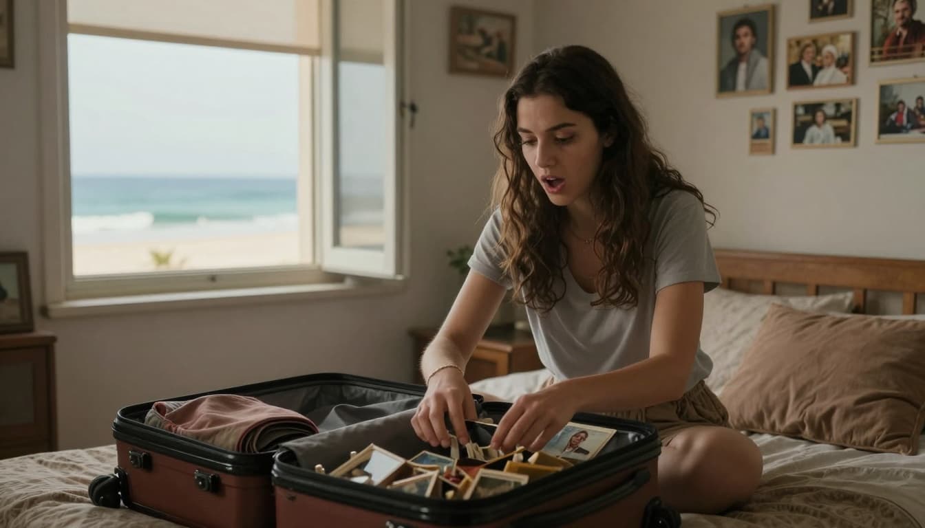 A young woman in a small town home packs her suitcase, looking excited yet nostalgic at old photos, with a beach visible through the window, evoking a transitional mood.