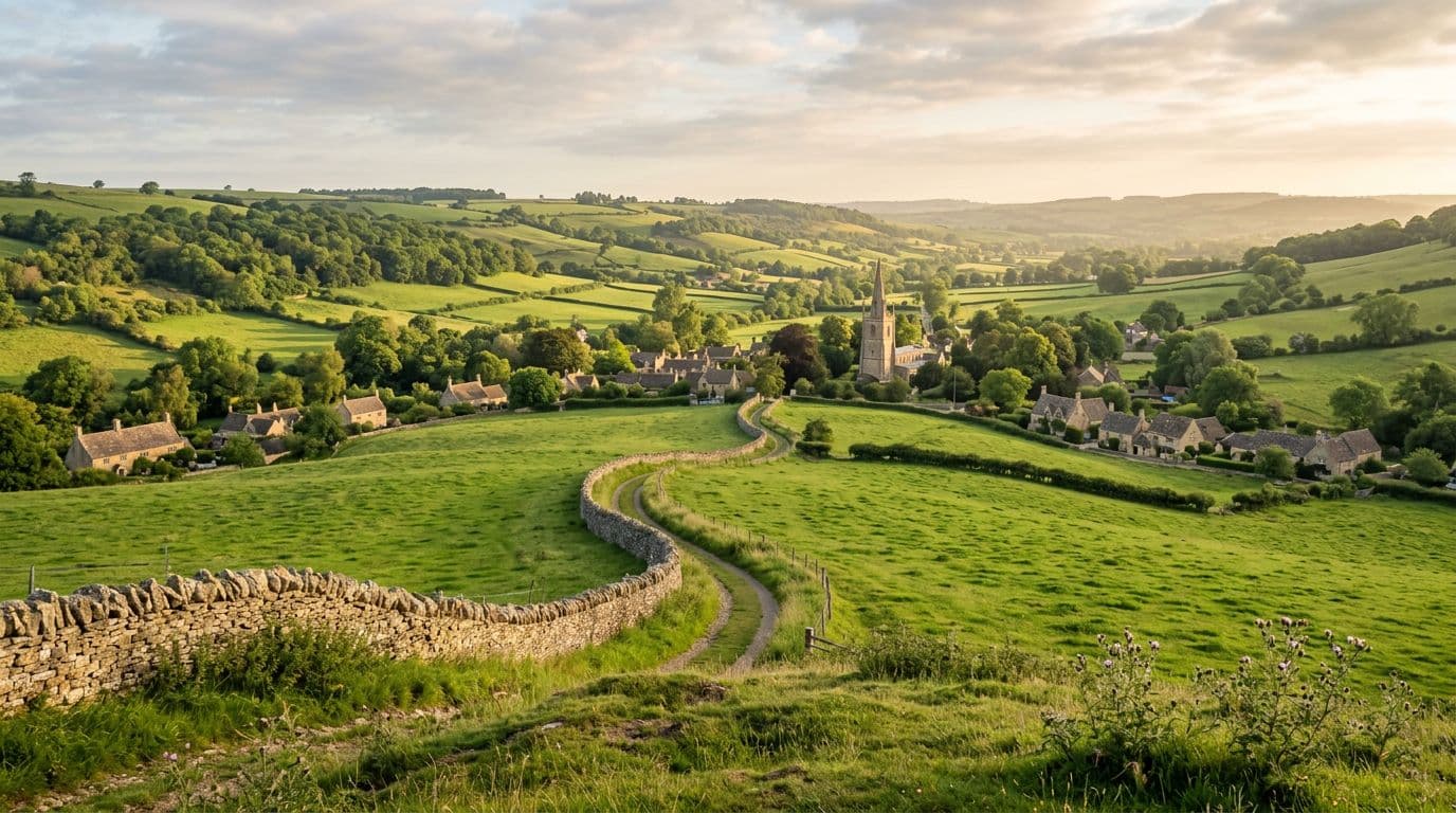 Rolling green hills of the Cotswolds with scattered honey-stone villages and cottages, illuminated by soft morning sunlight from a hilltop view. A winding dry stone wall and lane lead to a distant church steeple in photorealistic style.