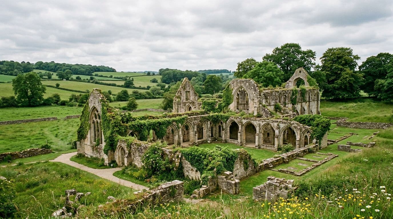 Peaceful ruins of Hailes Abbey with ivy-covered stone arches and walls in lush green Cotswolds fields, under soft overcast daylight in a wide-angle photorealistic landscape showing cloisters and foundations.