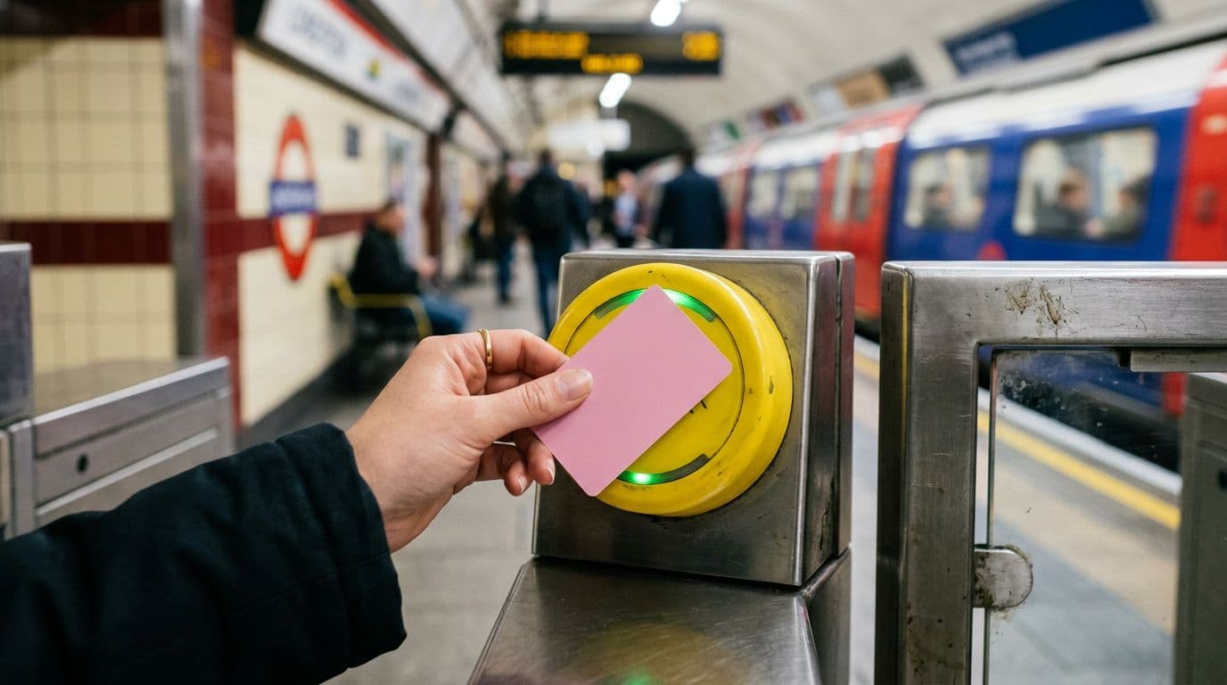 Close-up realistic photograph of a single hand with two fingers holding and tapping a pink Oyster card on a yellow TfL contactless reader at a London Underground station entrance gate. Blurred station platform and train in the background under natural daylight lighting, no other people, text, logos, or watermarks.