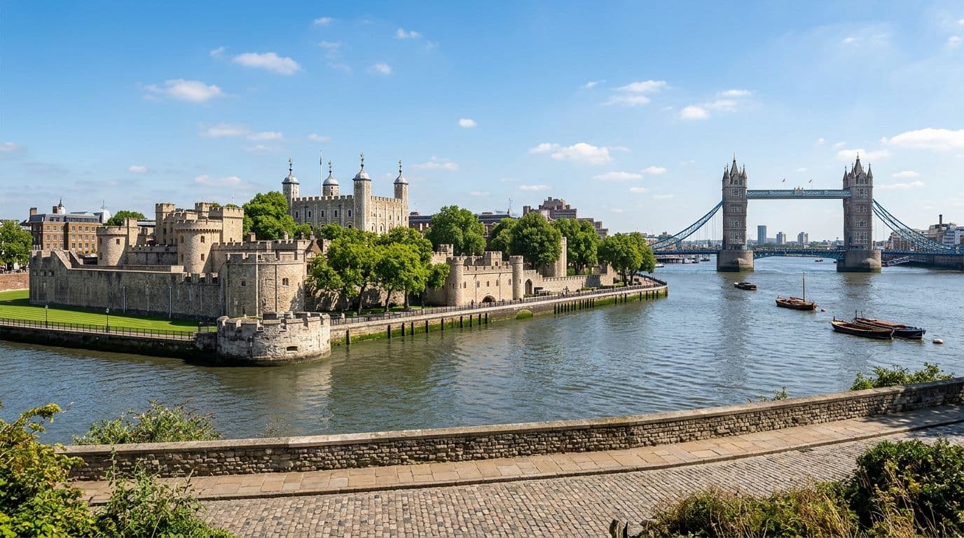 Historic Tower of London fortress on the bank of River Thames with Tower Bridge in background, sunny day with blue sky, green lawns and stone walls.