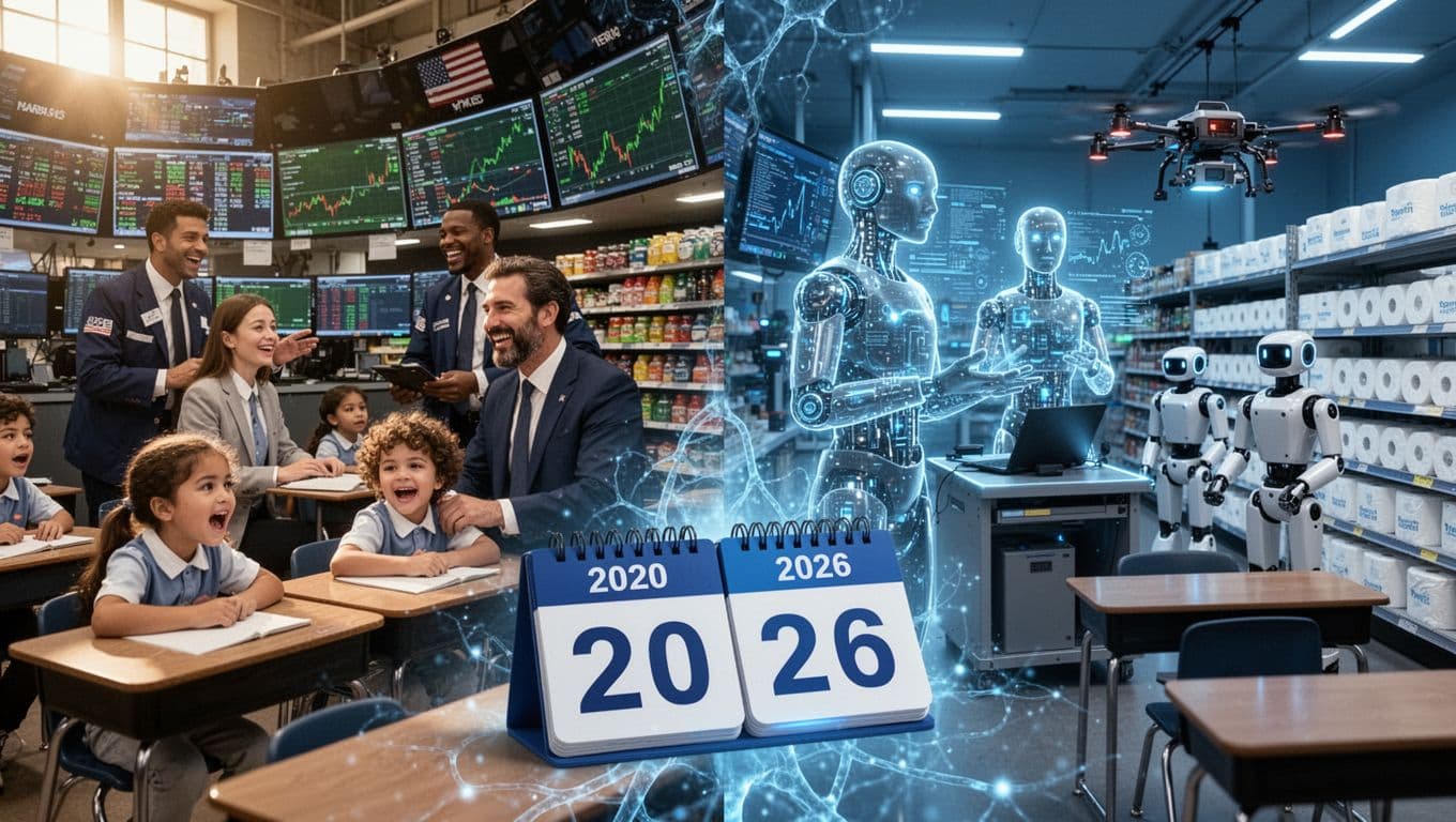 A photorealistic split landscape contrasting vibrant February 2020 US daily life—bustling stock market traders, school children, stocked supermarkets—with 2026 AI-disrupted versions featuring holographic agents, robot teachers, and drone restockers, overlaid with a flipping calendar and neural patterns.