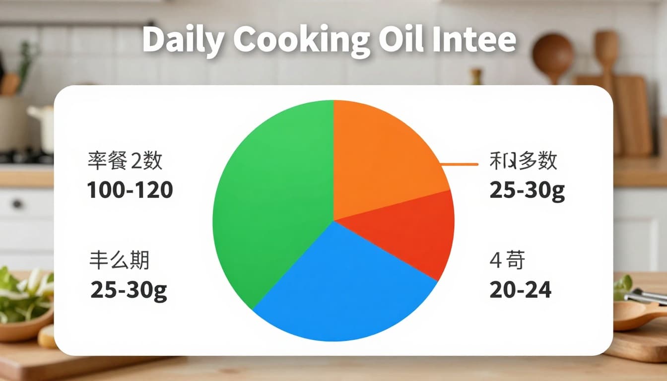 Clear chart diagram illustrating daily cooking oil intake for a 4-member Indian family, showing total 100-120 grams (20-24 tablespoons), 25-30g per person, with kitchen utensils in a soft background.