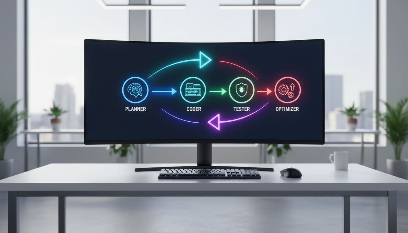 Photo-realistic image of a large curved monitor showing a workflow diagram with icons of AI agents (planner, coder, tester, optimizer) connected by glowing arrows for task handoffs, on a sleek desk in a bright tech workspace with keyboard and mouse. Photo-realistic image of a large curved monitor showing a workflow diagram with icons of AI agents (planner, coder, tester, optimizer) connected by glowing arrows for task handoffs, on a sleek desk in a bright tech workspace with keyboard and mouse.