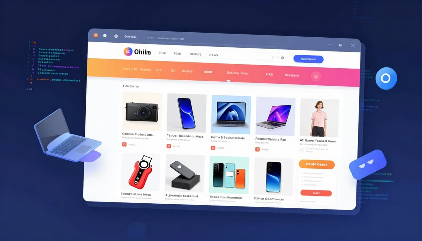 Illustration of an online store interface being built automatically by AI, showing product pages populating with images and descriptions in vibrant e-commerce colors.