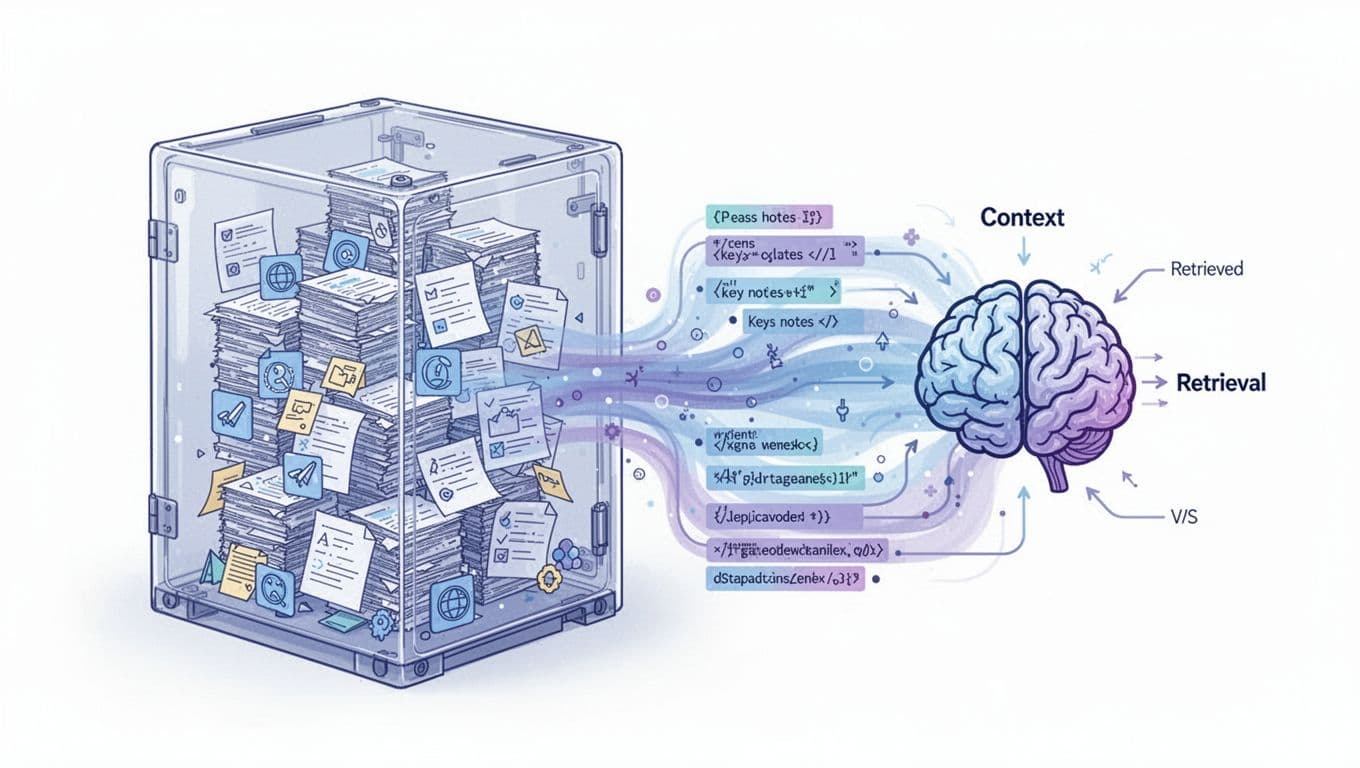 Minimalist line art diagram of a giant transparent context container overflowing with code files, documents, and notes, streaming retrieved key snippets into a central AI model brain icon via arrows.