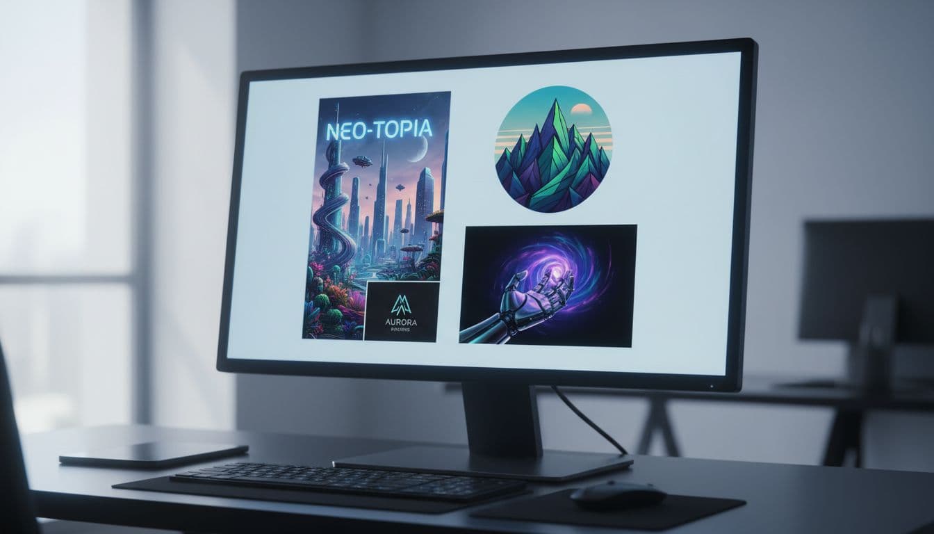 Examples of AI-assisted design outputs like covers, merch graphics, and thumbnails