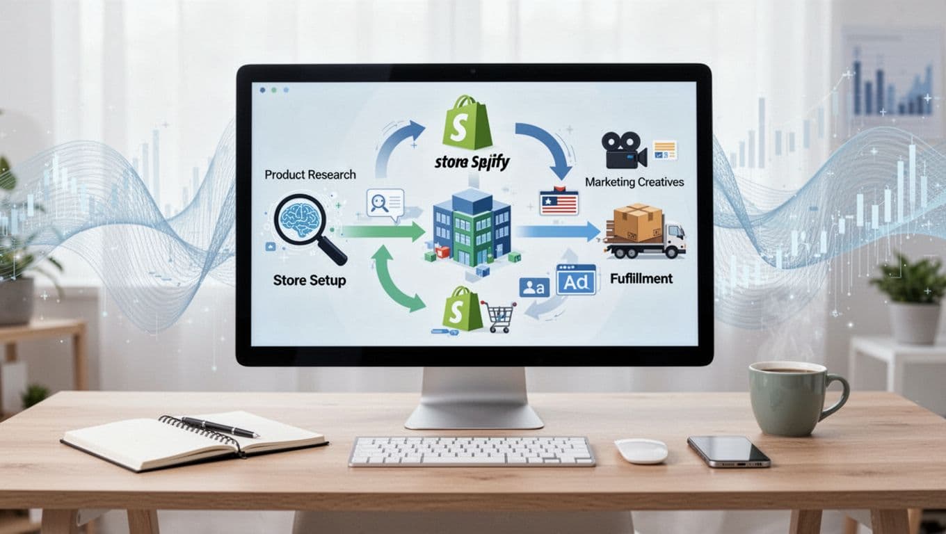 A detailed flowchart on a laptop screen showing the AI dropshipping workflow for beginners, with icons for product research, Shopify store setup, marketing creatives, and fulfillment, set on a wooden desk in a bright home office with notebook, coffee, and smartphone.