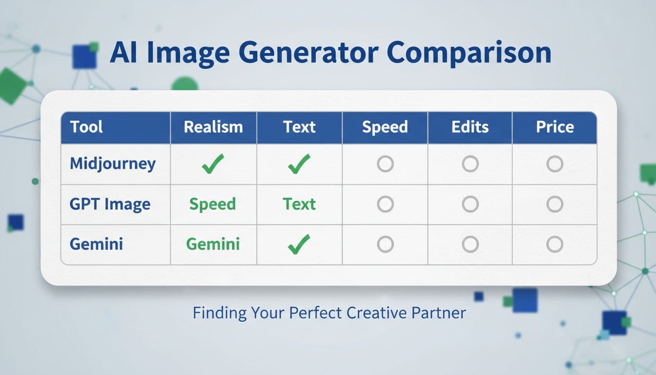 Infographic in landscape orientation featuring a comparison table of AI image generators including Midjourney, GPT Image, Flux, Gemini, and Recraft. Columns highlight best strengths in realism, text, speed, edits, and price with green checkmarks, using a clean modern design with blue and green colors.