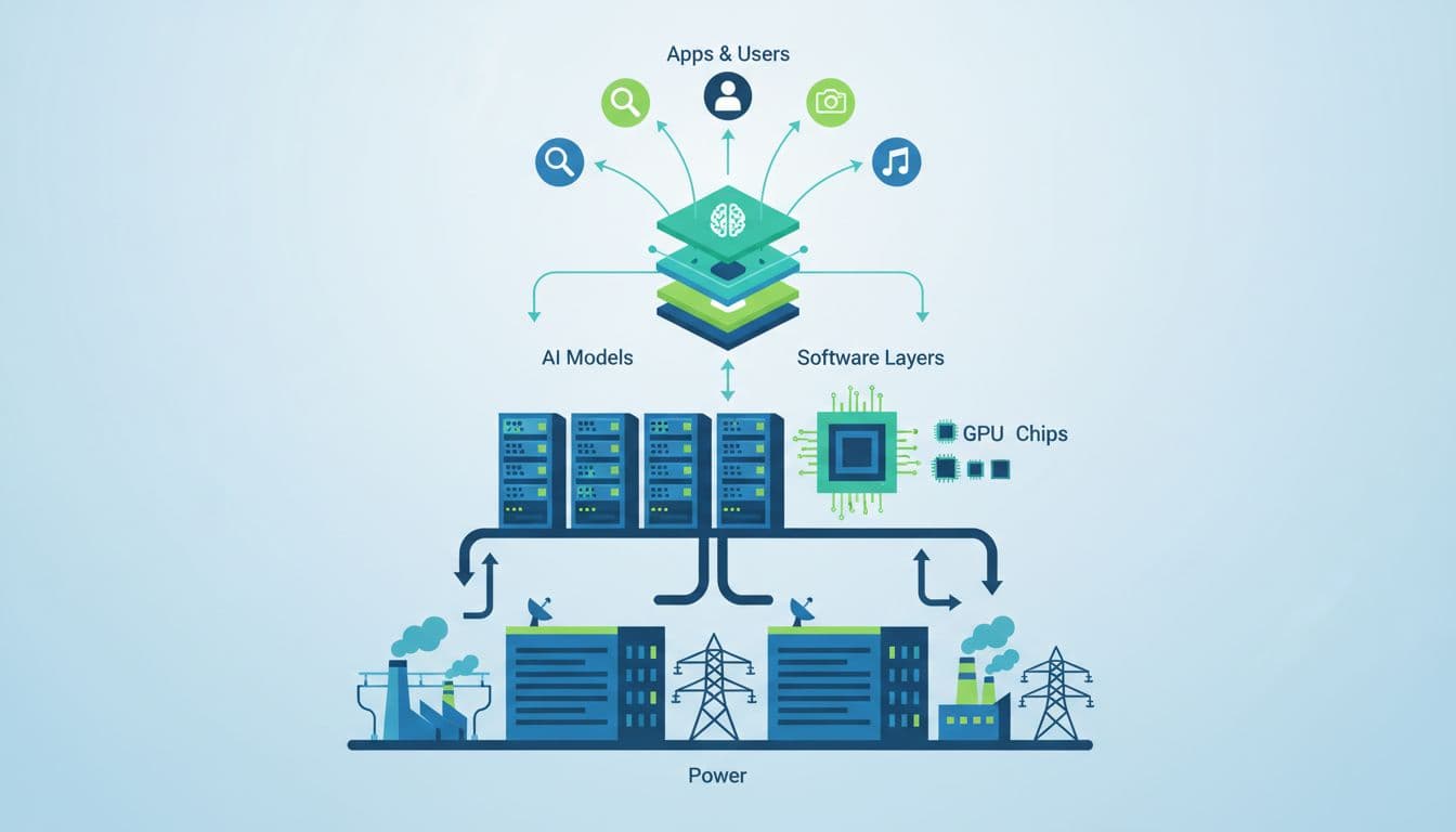 Infographic style illustration of the AI infrastructure stack from power plants and grids at the base, through data centers, server racks, GPUs, AI models, to apps and users at the top, using simple icons connected by arrows in a clean modern blue-green flat vector design.