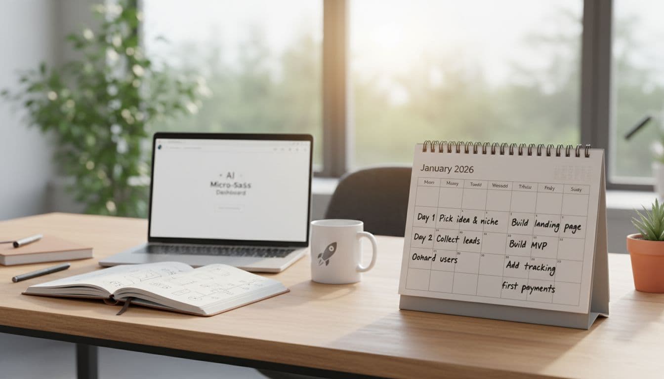 A simple 7-day launch timeline on a desk, showing how a micro-SaaS can go from idea to first payment