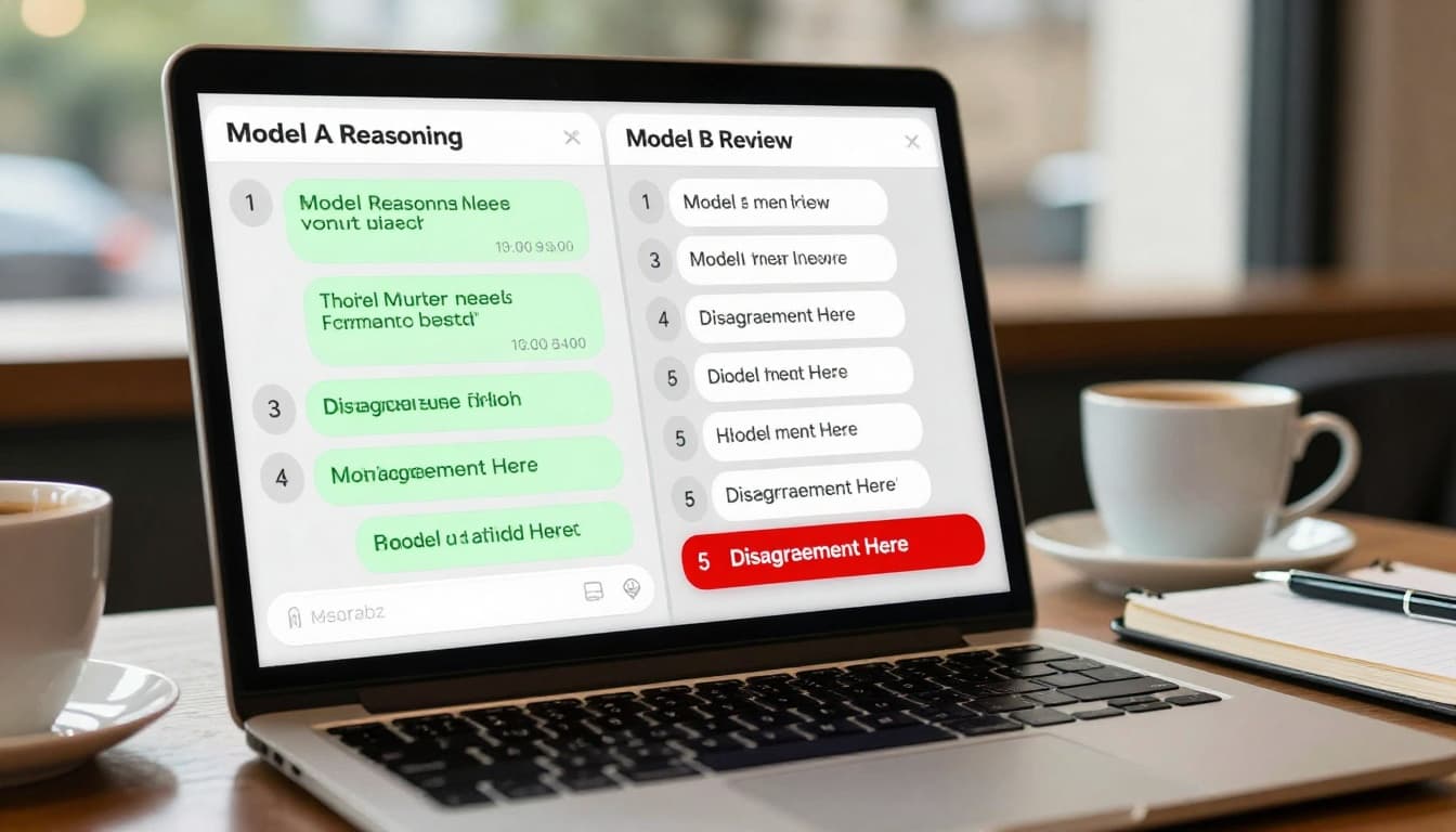 Two chat panels showing agreement on steps and a highlighted disagreement on one step