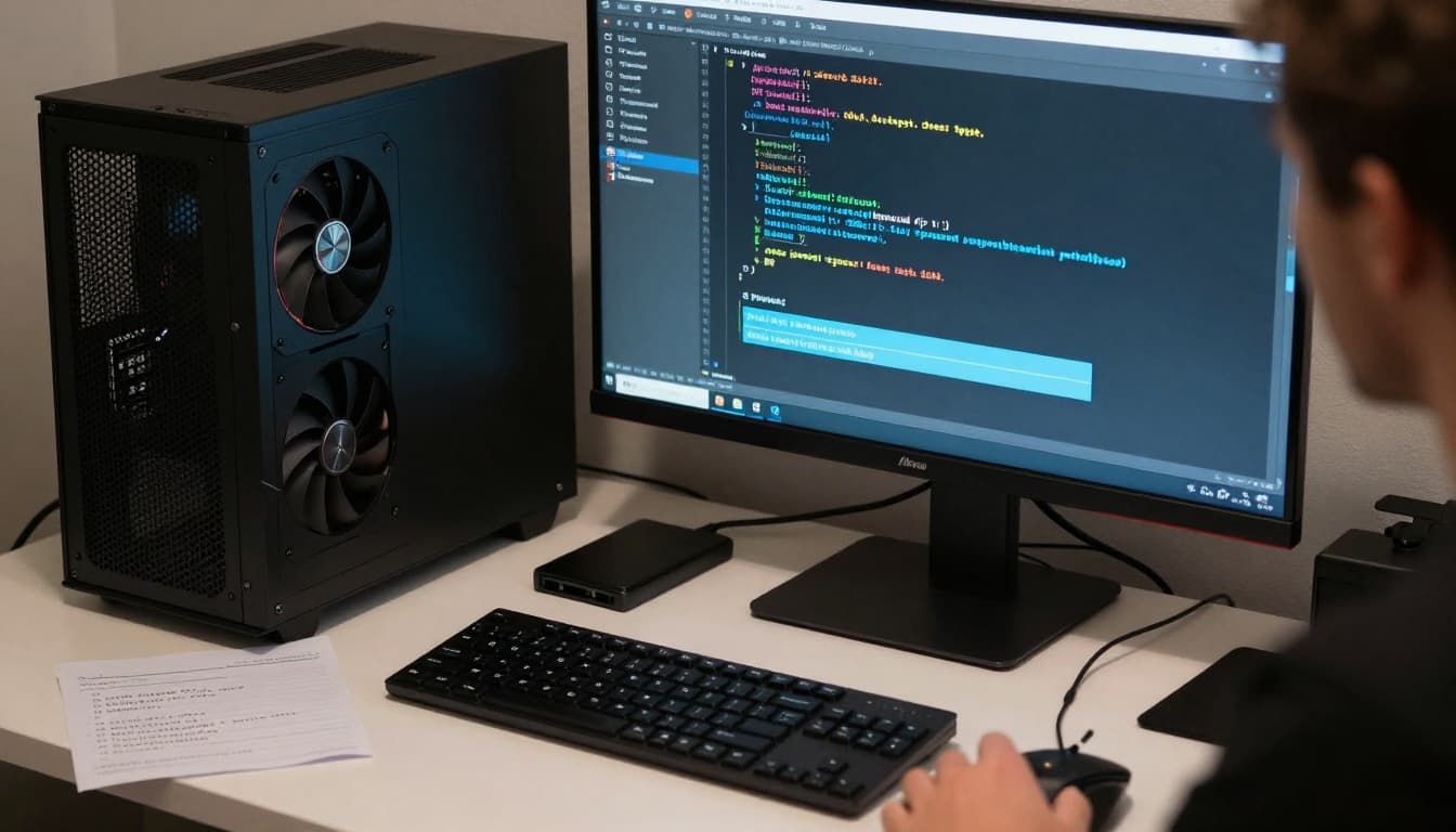 Photo-realistic close-up of a powerful gaming PC tower with visible NVIDIA GPU, monitor displaying Python code for AI music models, music keyboard, and cluttered desk with lyrics notes.