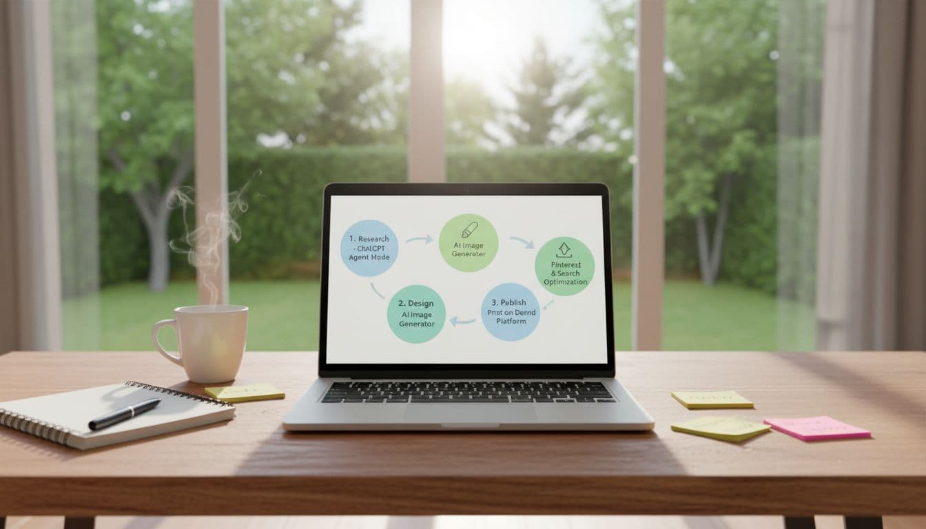 Photo-realistic landscape of a modern wooden desk in a bright home office with sunlight, featuring an open laptop displaying a four-step workflow: Research with ChatGPT, Design with AI Image Generator, Publish on Print on Demand, and Market with Pinterest SEO. Includes coffee mug, notebook, and sticky notes.