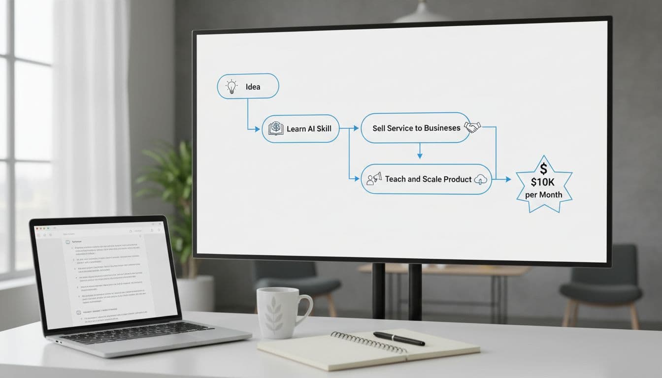 Roadmap from learning one AI skill, to selling a service, to packaging what works into a scalable product