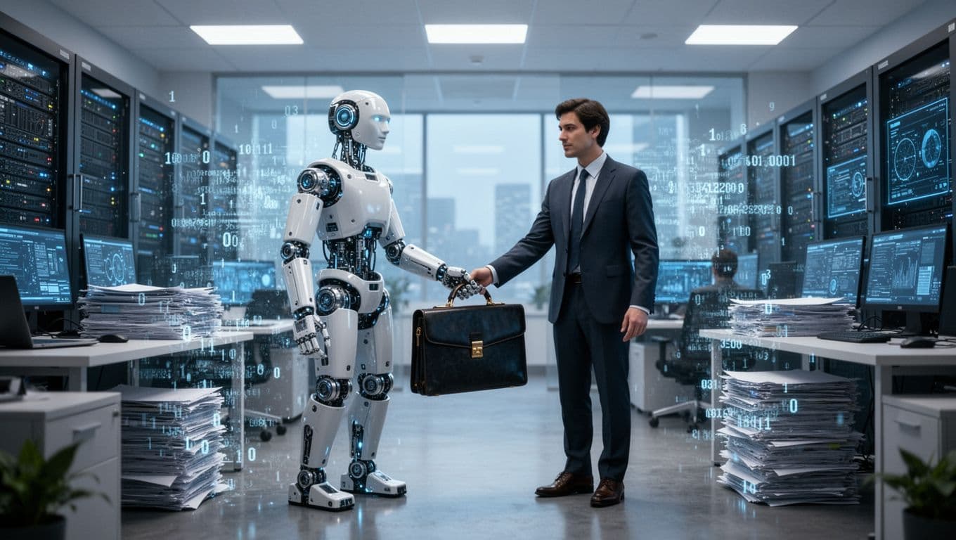Symbolic illustration of an AI robot handing a briefcase to a departing human employee in a modern corporate office, with papers transforming into digital code and blue-glowing servers. Futuristic yet realistic style evokes a hopeful mood of technological transition.