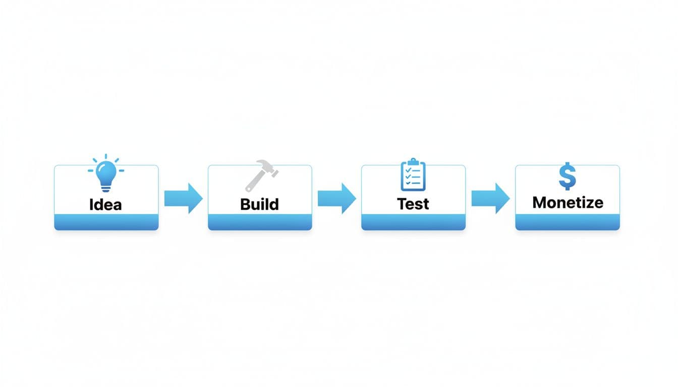 A photo-realistic infographic diagram depicting a straightforward flowchart for building an AI SaaS, with steps from Idea (lightbulb icon) to Build (hammer), Test (checklist), and Monetize (dollar sign) on a clean white background with subtle blue gradients.