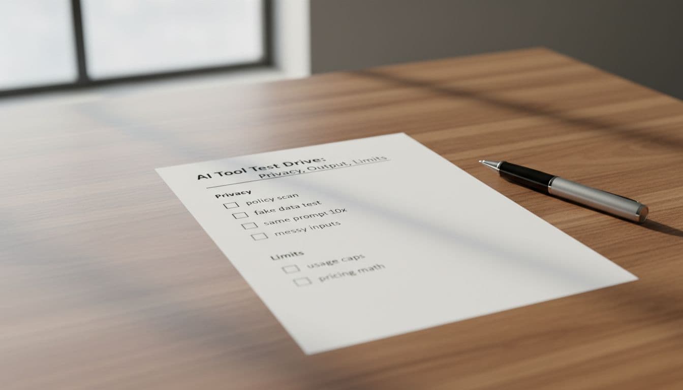 A photo-realistic landscape image of a clean wooden desk with a printed checklist paper in the center titled 'AI Tool Test Drive: Privacy, Output, Limits'. It features sections on Privacy, Output, and Limits with bullet points, soft natural light, a pen nearby, high detail professional product photo style.