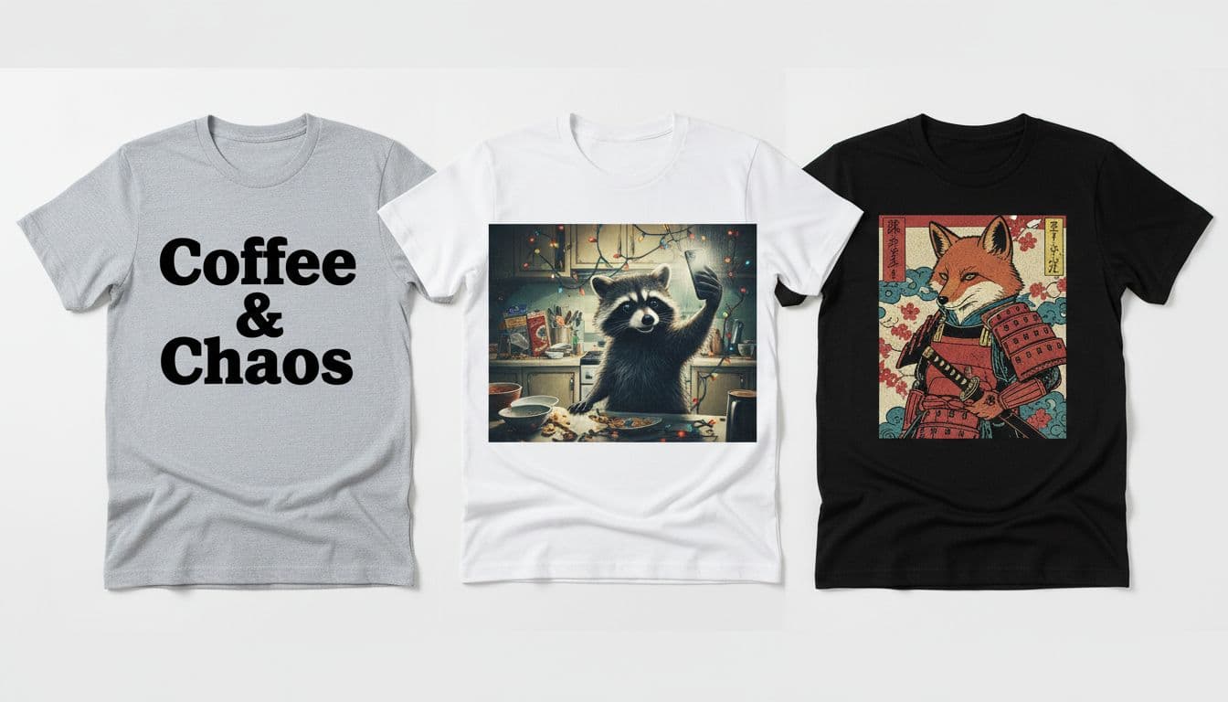 Photorealistic collage of three AI t-shirt designs flat laid on white surface: 'Coffee & Chaos' typography on gray shirt, raccoon selfie in kitchen, ukiyo-e fox samurai on black shirt.