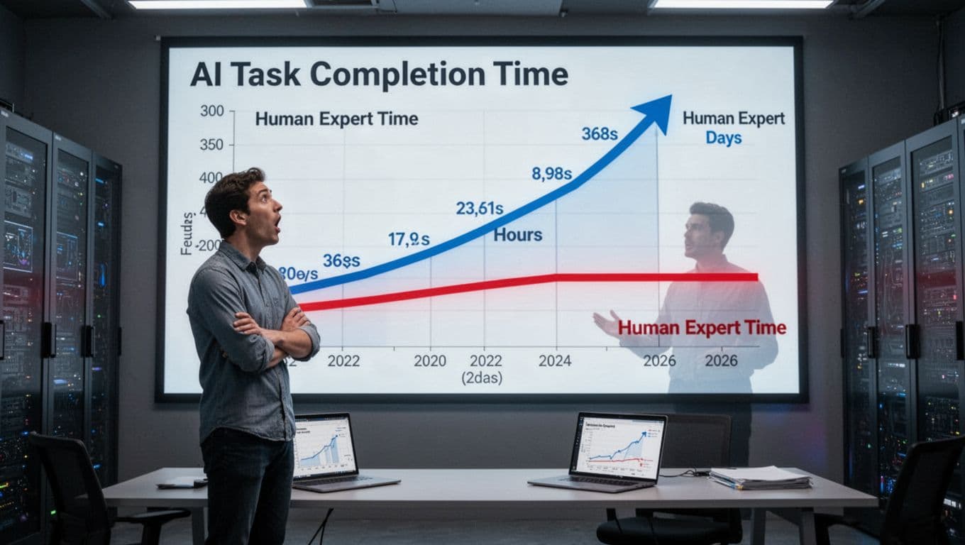 Large wall screen in modern tech office displays exponential AI task completion curve dropping from 36 seconds in 2022 to days by 2026, versus flat human expert time; amazed engineer watches.