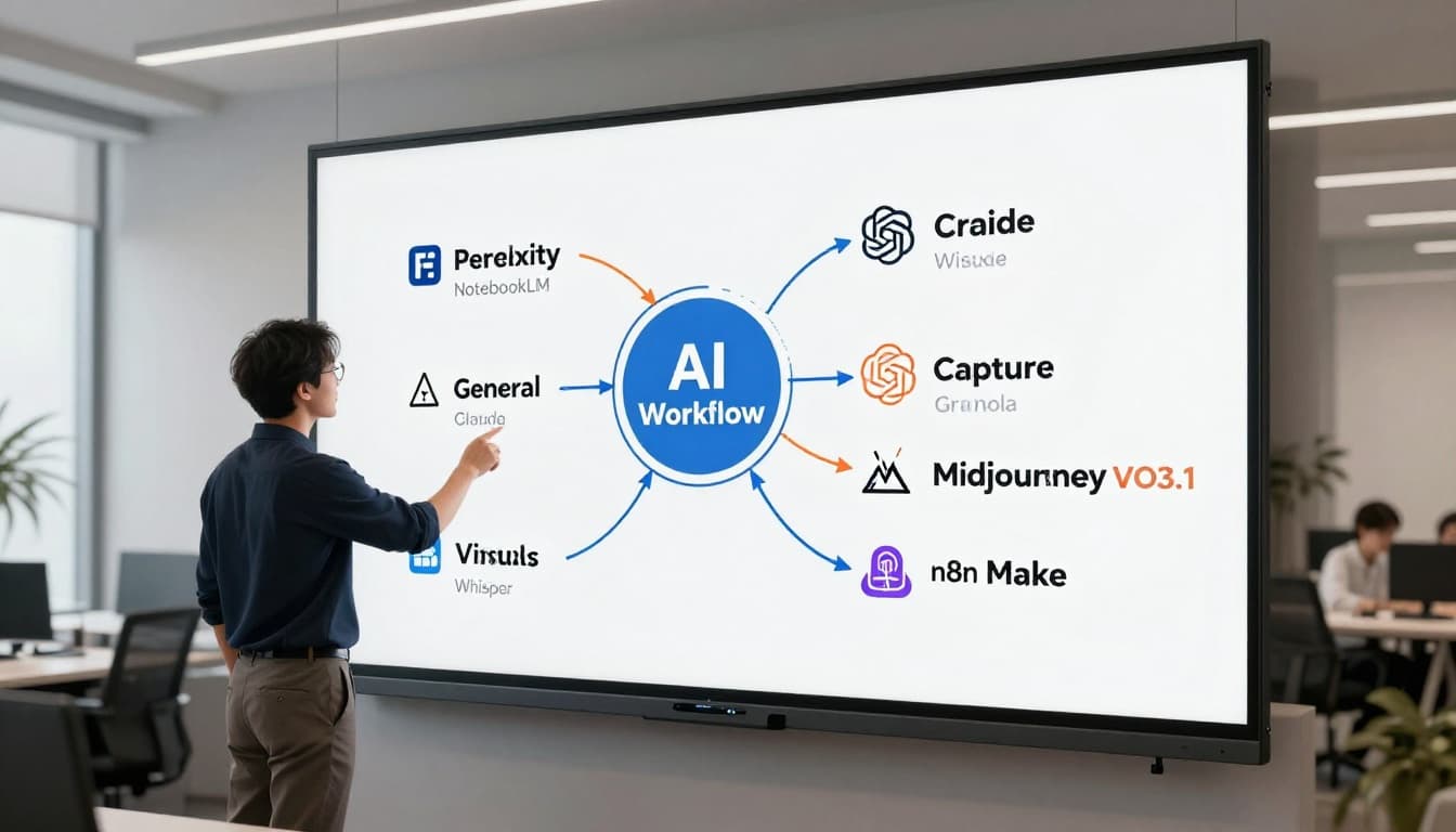 Photorealistic image of a large digital whiteboard in a bright office displaying a mind map of AI tools centered on 'AI Workflow' with branches for research, writing, visuals, and automation tools, a person pointing nearby in a modern conference room.