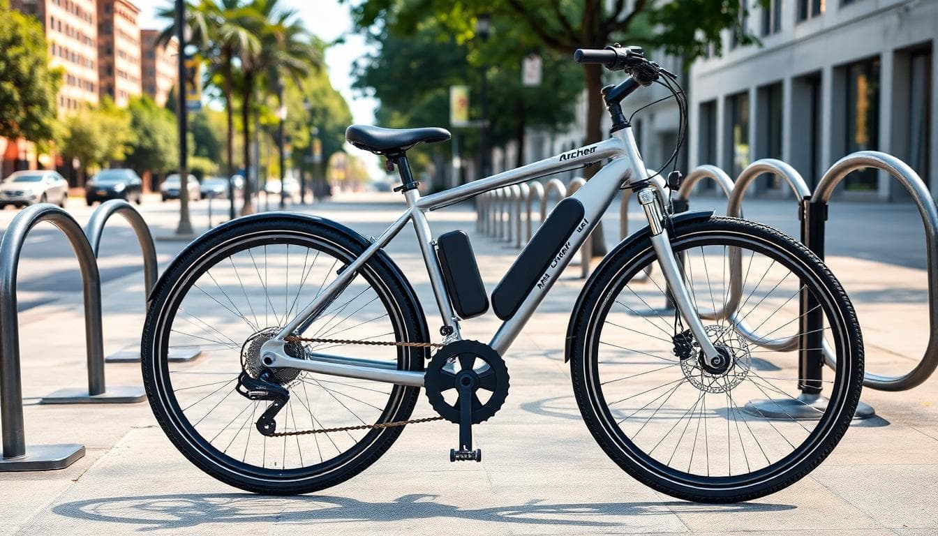 Ancheer style electric commuter bike parked on a city sidewalk