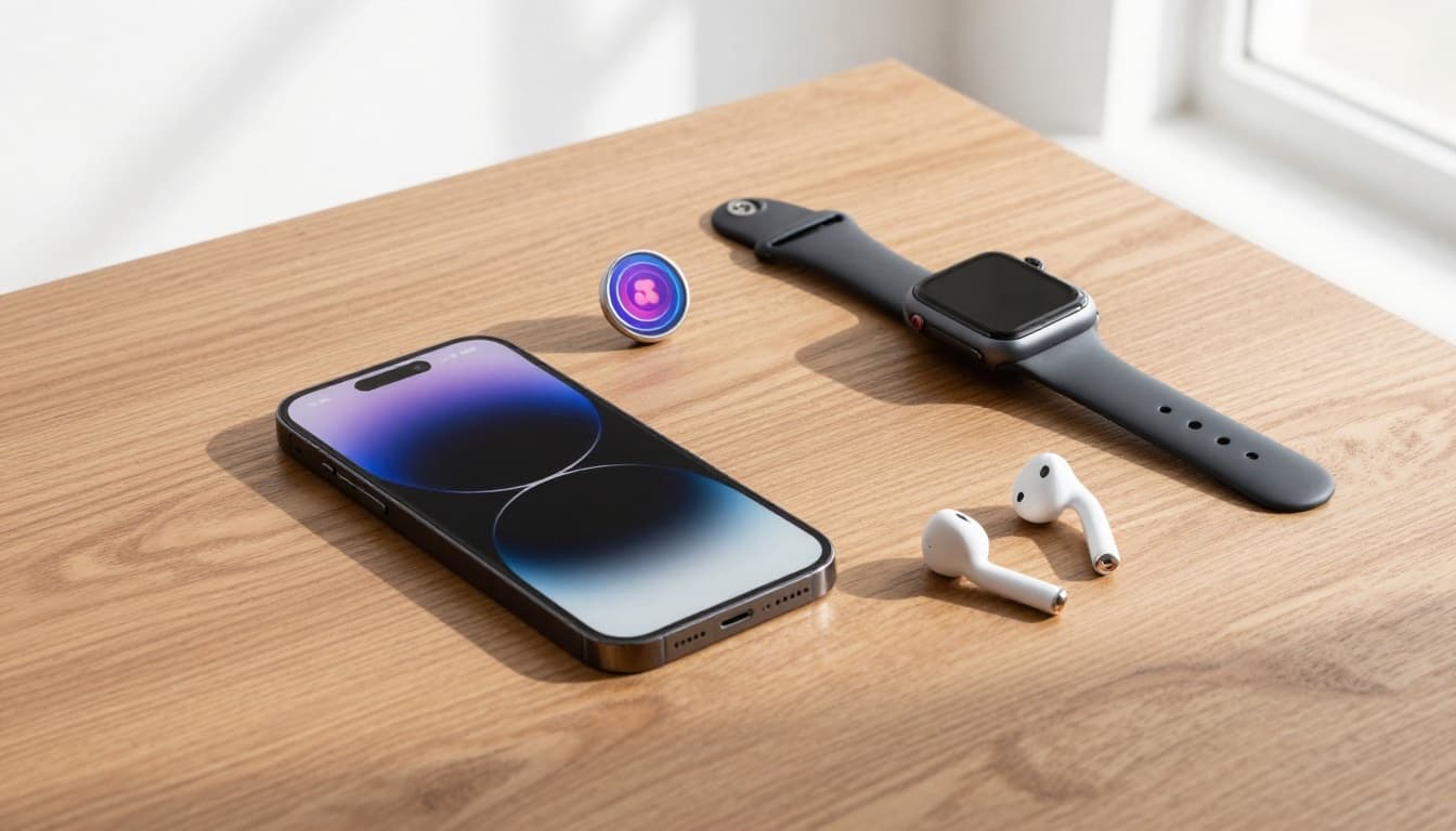 Photorealistic flat lay composition of iPhone, Apple Watch, AirPods, and a conceptual AI pin on a wooden table, arranged in a natural setup with soft natural light and high detail textures.