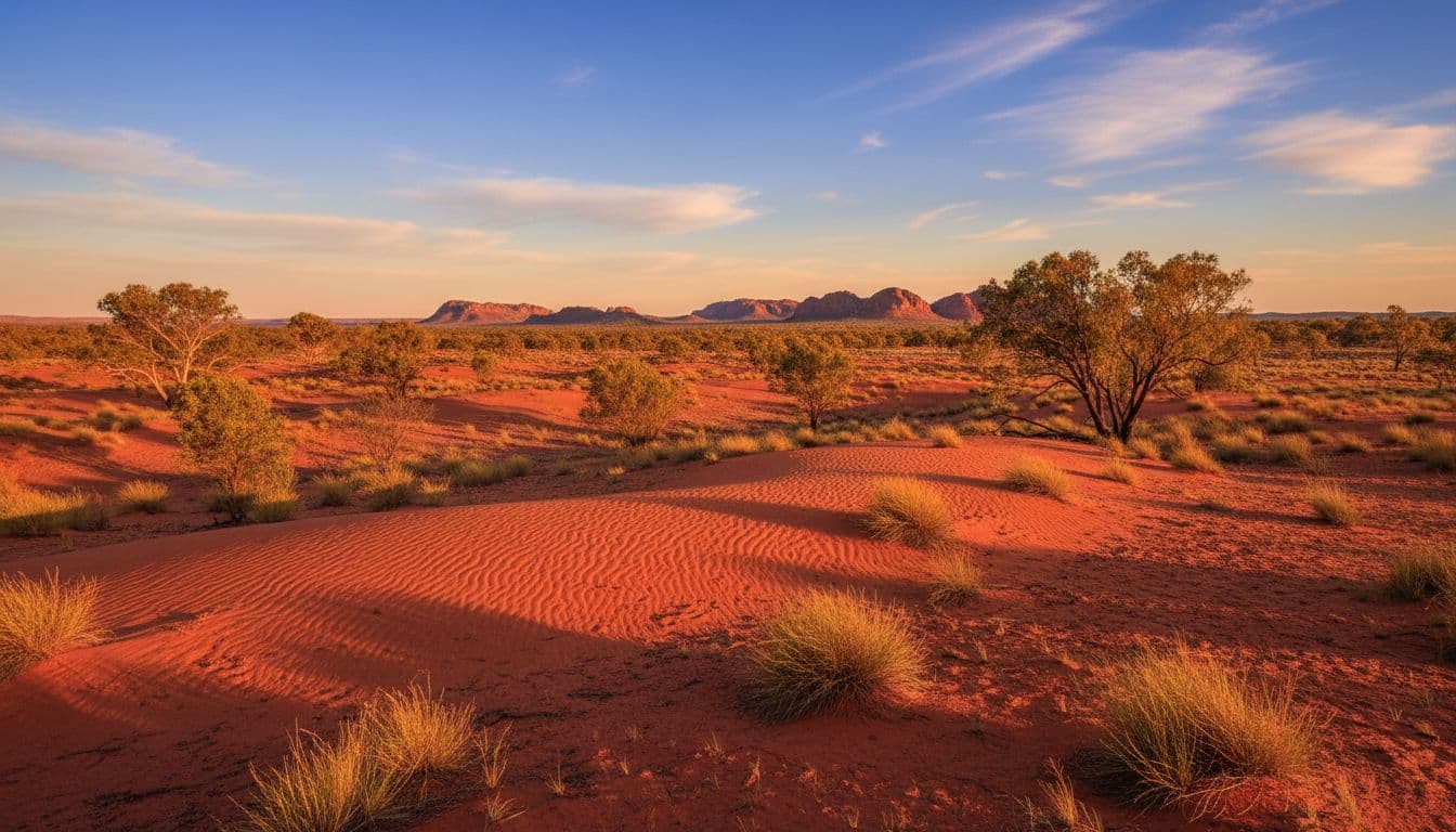 A vast realistic photo of the Australian outback at golden hour, with red sandy soil, scattered eucalyptus trees, spinifex bushes, and distant rocky hills under a clear blue sky with warm orange sunlight.